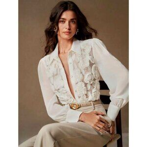 Anewsta Shirt Women Medium White 3D Floral‎ Button Down Blouse NWT Boho Elegant